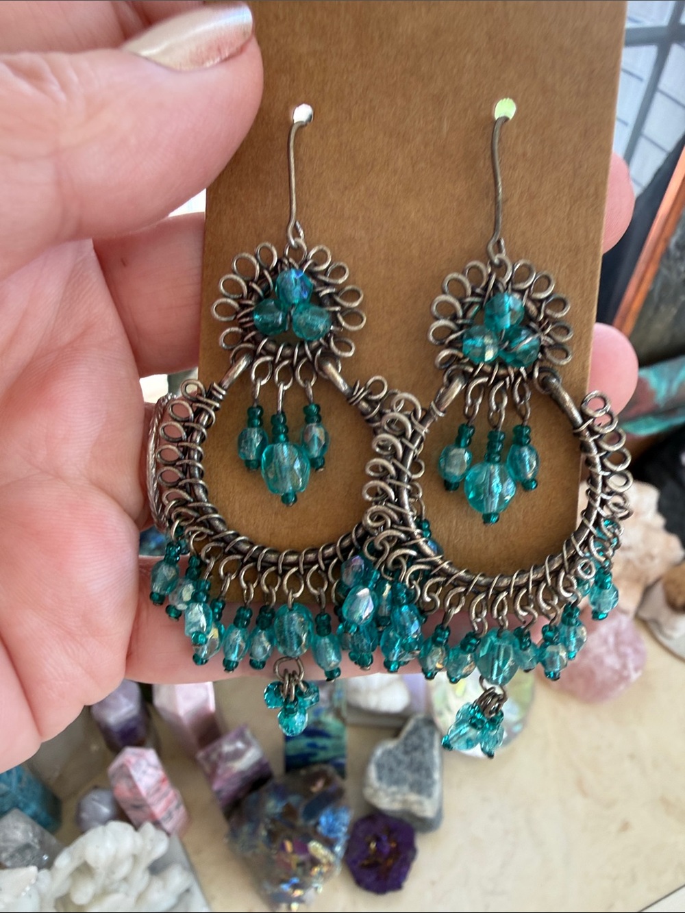 Boho Teal Beaded Hoop Dangle Earrings - Women Jewelry